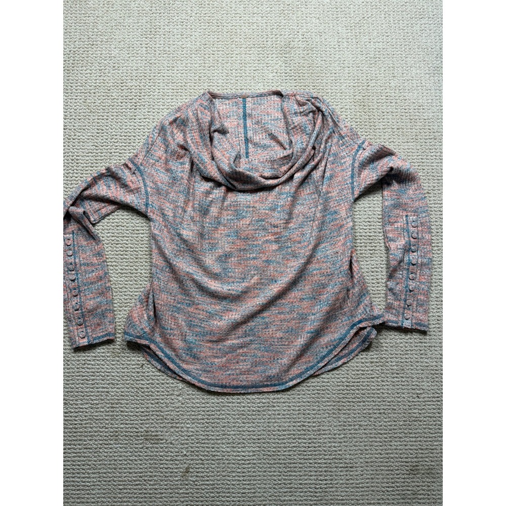 Free People Cowl Neck Thermal Top Coral Blue Waffle Knit Button Cuff L